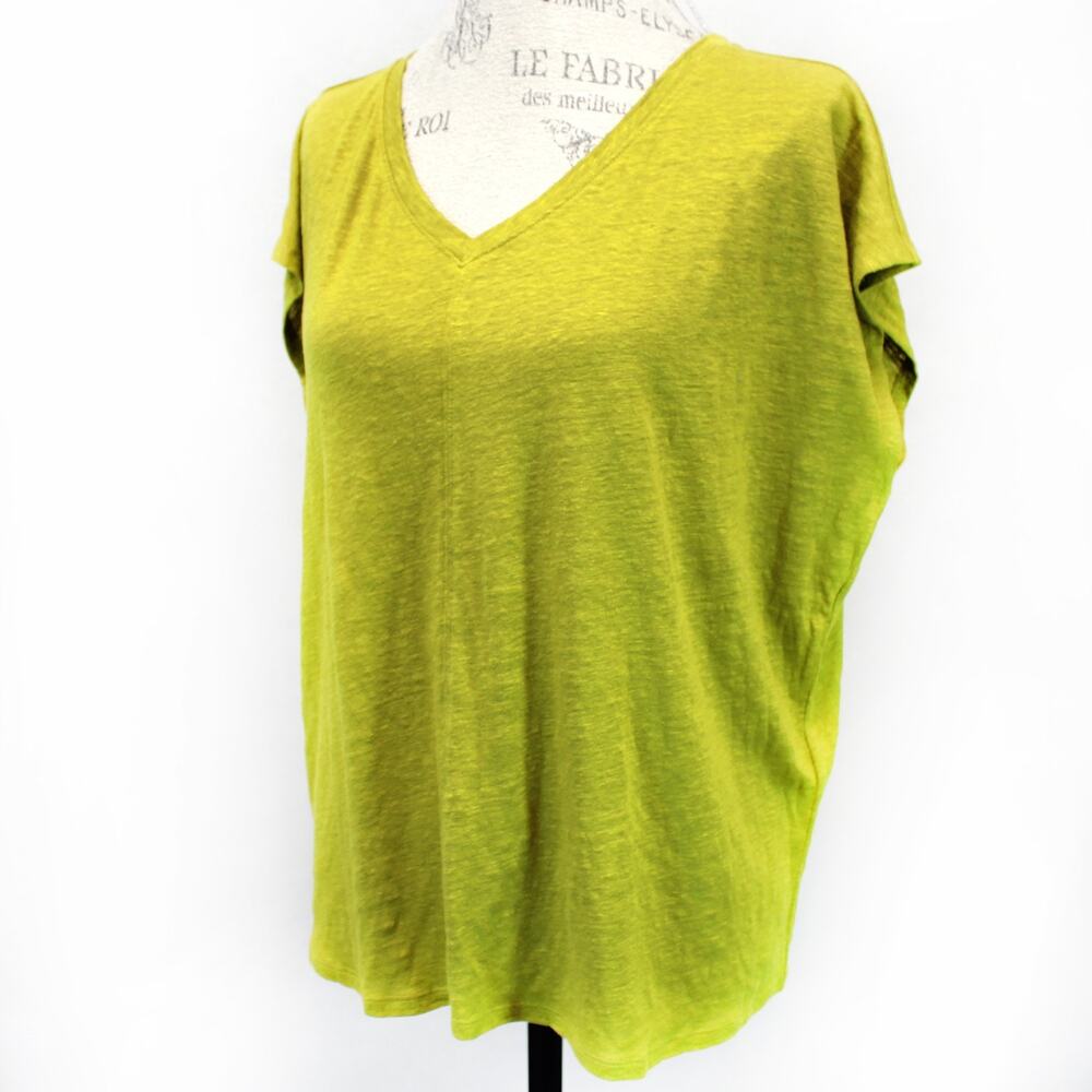 Eileen Fisher Plus Lime 100% Linen V-Neck Bat Sleeve T-Shirt Top Minimalist 2X